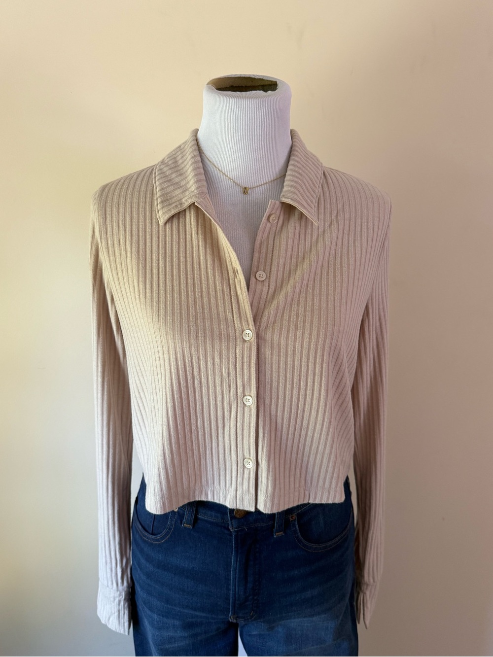Madewell Ribbed Button-Front Collared Top in Beige - Picture 2 of 5